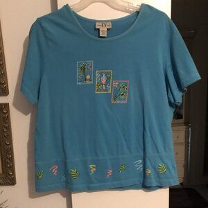 Original TY Wear 100% cotton shirt. Size 2X, teal with tropical pattern.